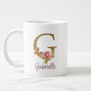 Custom Name Letter G Gold Foil Blush Pink Roses Large Coffee Mug