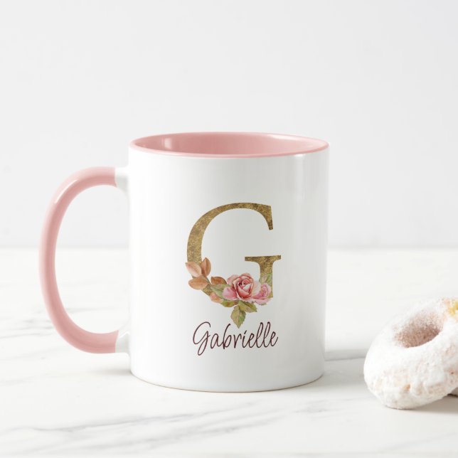 Custom Name Letter G Gold Foil Blush Pink Roses Mug (With Donut)