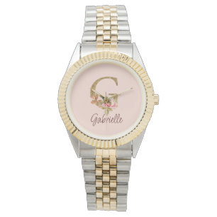 Custom Name Letter G Gold Foil Blush Pink Roses Watch