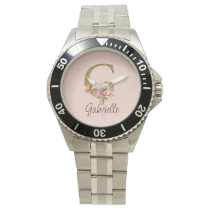 Custom Name Letter G Gold Foil Blush Pink Roses Watch