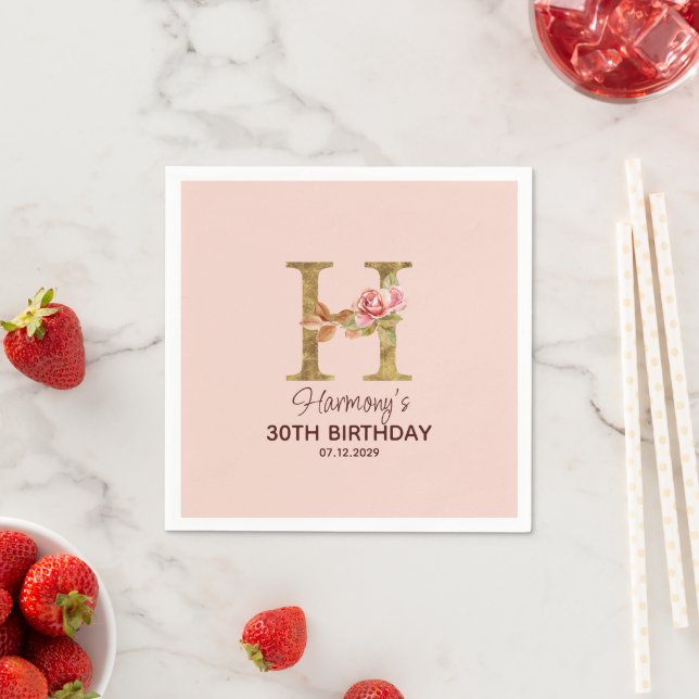 Custom Name Letter H Gold Blush Pink Roses Napkin (Insitu)