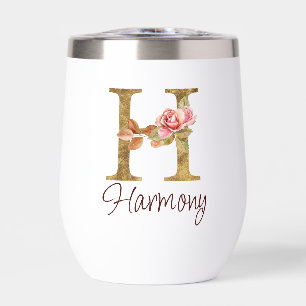 Custom Name Letter H Gold Foil Blush Pink Roses