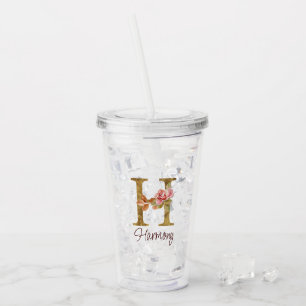 Custom Name Letter H Gold Foil Blush Pink Roses Acrylic Tumbler