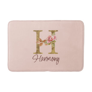Custom Name Letter H Gold Foil Blush Pink Roses Bath Mat