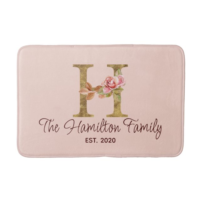 Custom Name Letter H Gold Foil Blush Pink Roses Bath Mat (Front)