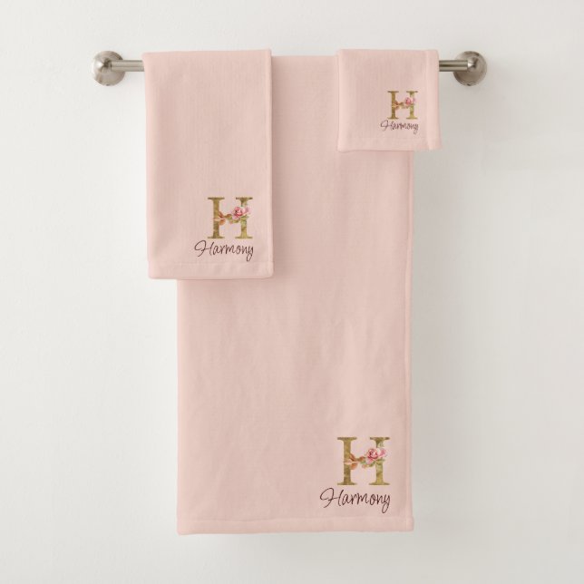 Custom Name Letter H Gold Foil Blush Pink Roses Bath Towel Set (Insitu)