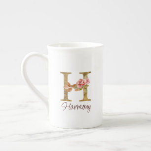 Custom Name Letter H Gold Foil Blush Pink Roses Bone China Mug