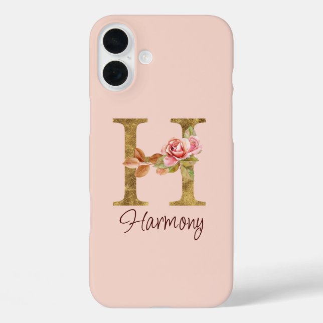 Custom Name Letter H Gold Foil Blush Pink Roses Case-Mate iPhone Case (Back)