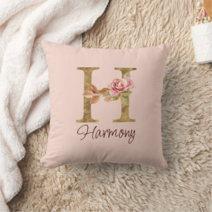 Custom Name Letter H Gold Foil Blush Pink Roses Cushion