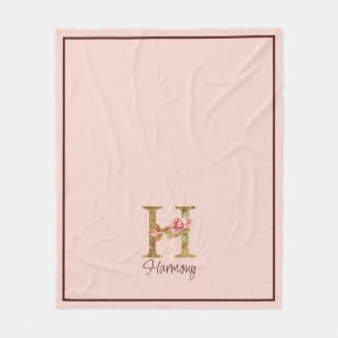 Custom Name Letter H Gold Foil Blush Pink Roses Fleece Blanket