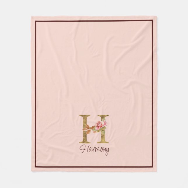 Custom Name Letter H Gold Foil Blush Pink Roses Fleece Blanket (Front)