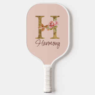 Custom Name Letter H Gold Foil Blush Pink Roses Pickleball Paddle