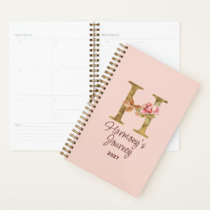 Custom Name Letter H Gold Foil Blush Pink Roses Planner