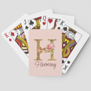 Custom Name Letter H Gold Foil Blush Pink Roses Playing Cards