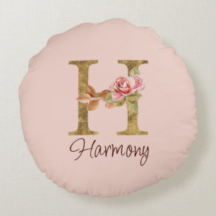 Custom Name Letter H Gold Foil Blush Pink Roses Round Cushion