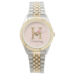 Custom Name Letter H Gold Foil Blush Pink Roses Watch