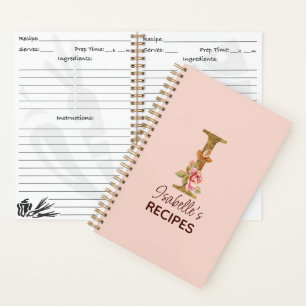 Custom Name Letter I Gold Blush Pink Roses Recipe Notebook