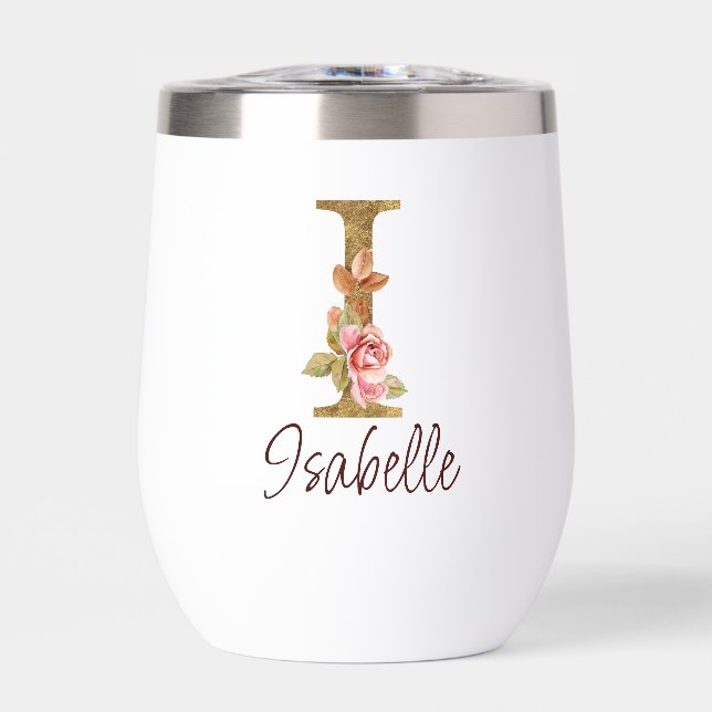 Custom Name Letter I Gold Foil Blush Pink Roses (Front)