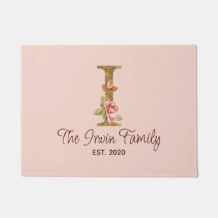 Custom Name Letter I Gold Foil Blush Pink Roses Doormat