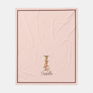 Custom Name Letter I Gold Foil Blush Pink Roses Fleece Blanket
