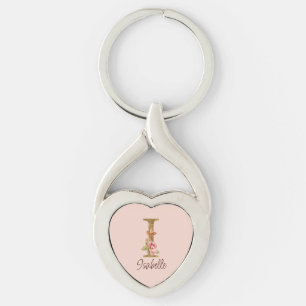 Custom Name Letter I Gold Foil Blush Pink Roses Key Ring