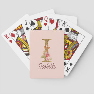 Custom Name Letter I Gold Foil Blush Pink Roses Playing Cards