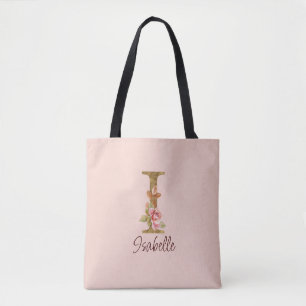 Custom Name Letter I Gold Foil Blush Pink Roses Tote Bag