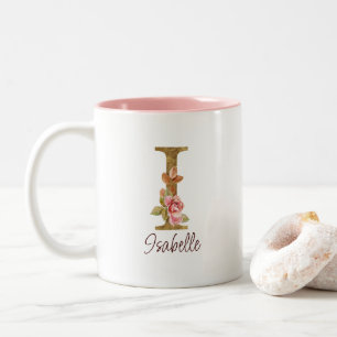 Custom Name Letter I Gold Foil Blush Pink Roses Two-Tone Coffee Mug