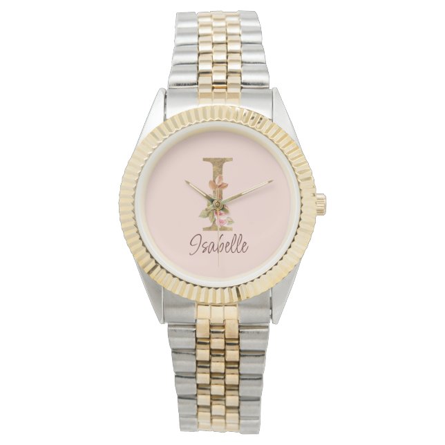 Custom Name Letter I Gold Foil Blush Pink Roses Watch (Front)