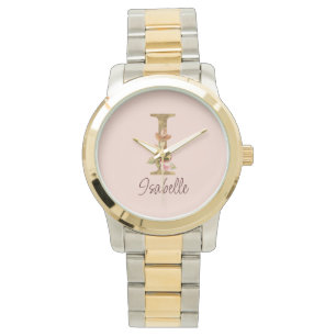 Custom Name Letter I Gold Foil Blush Pink Roses Watch