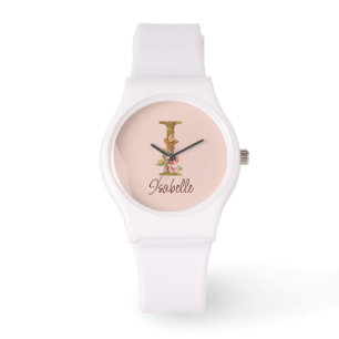 Custom Name Letter I Gold Foil Blush Pink Roses Watch