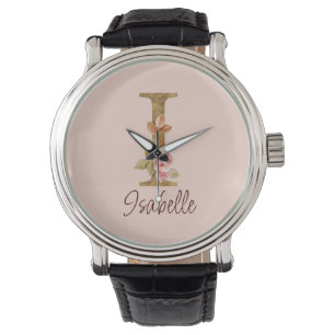 Custom Name Letter I Gold Foil Blush Pink Roses Watch