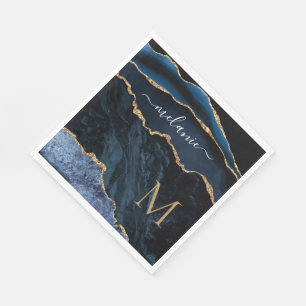 Custom Name Letter Navy Blue Gold Marble Napkins