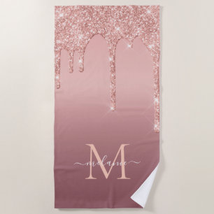 Custom Name Letter Rose Gold Glitter Beach Towel
