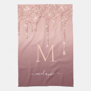 Custom Name Letter Rose Gold Glitter Kitchen Towel