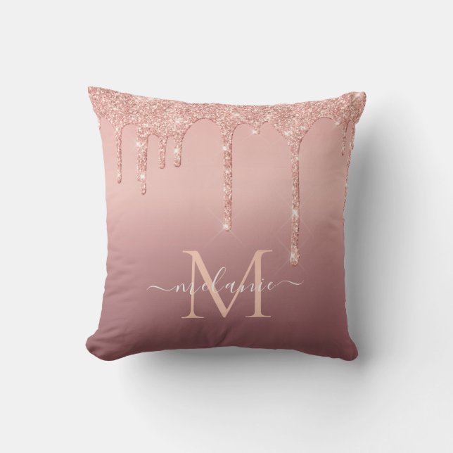 Custom Name Letter Rose Gold Glitter Throw Pillow (Front)