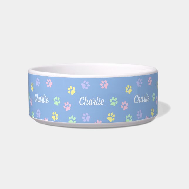 Custom Name Light Blue Cute Paws Bowl (Front)