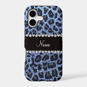 Custom name light blue glitter leopard print
