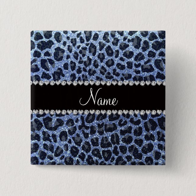 Custom name light blue glitter leopard print 15 cm square badge (Front)