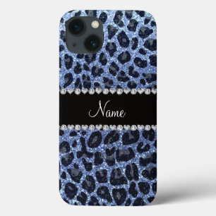 Custom name light blue glitter leopard print iPhone 13 case