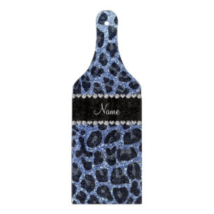 Custom name light blue glitter leopard print cutting board