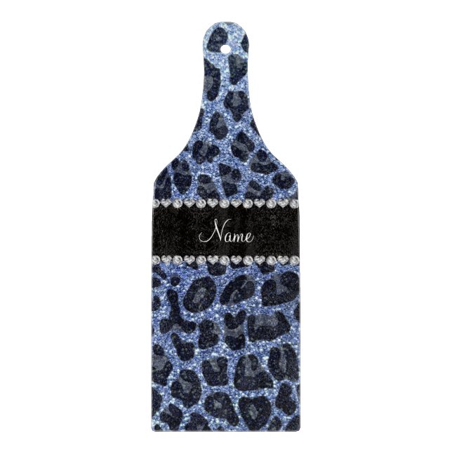 Custom name light blue glitter leopard print cutting board (Front)
