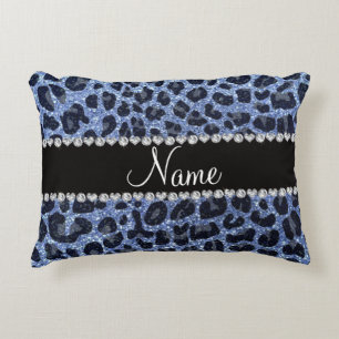 Custom name light blue glitter leopard print decorative cushion