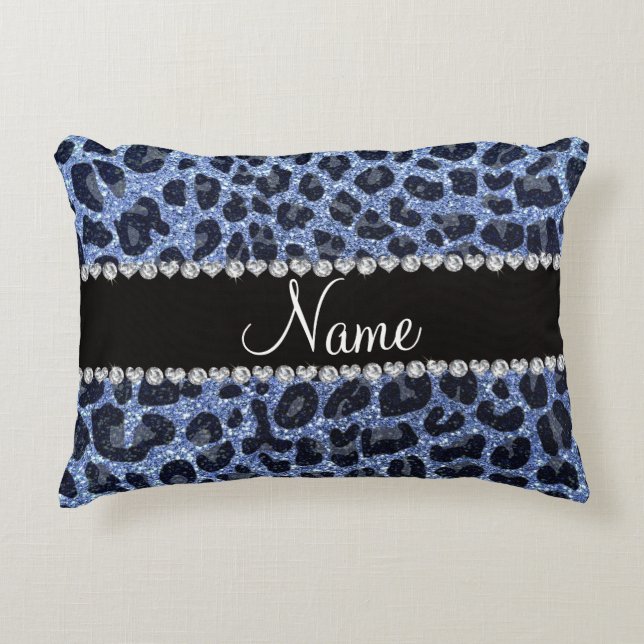 Custom name light blue glitter leopard print decorative cushion (Front)