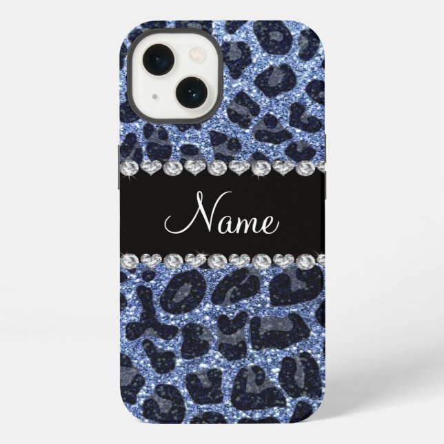 Custom name light blue glitter leopard print iPhone case (Back)