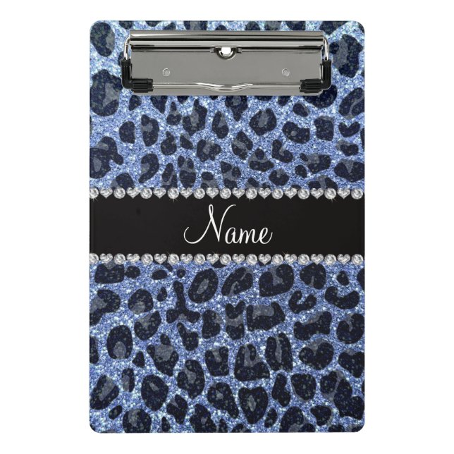 Custom name light blue glitter leopard print mini clipboard (Front)