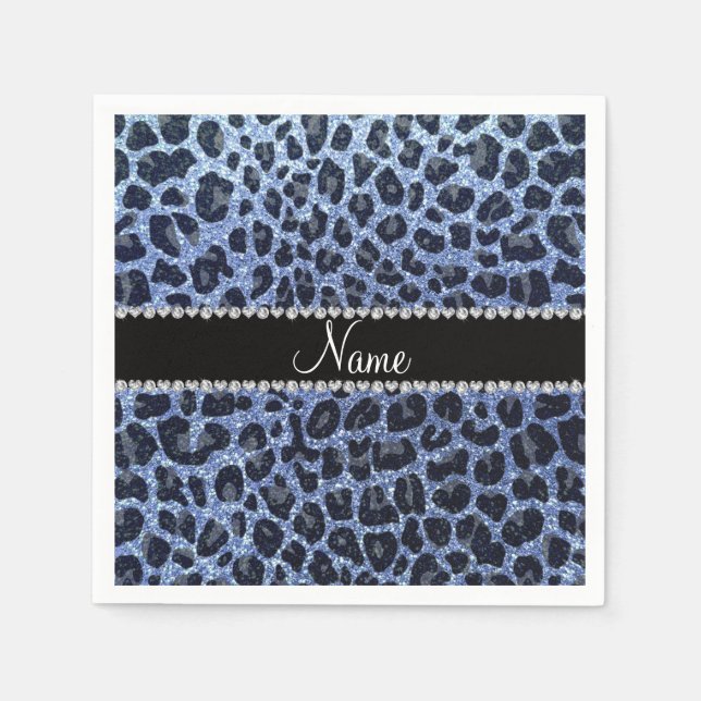 Custom name light blue glitter leopard print napkin (Front)