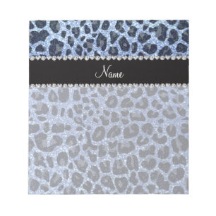 Custom name light blue glitter leopard print notepad