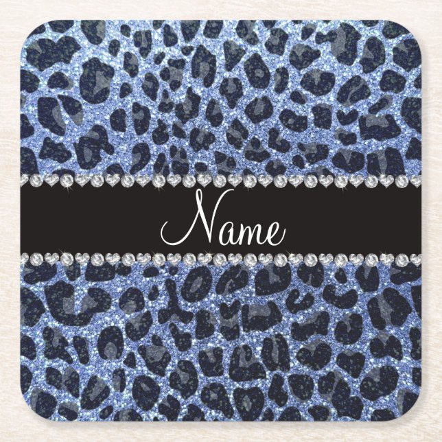 Custom name light blue glitter leopard print square paper coaster (Front)