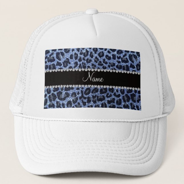 Custom name light blue glitter leopard print trucker hat (Front)
